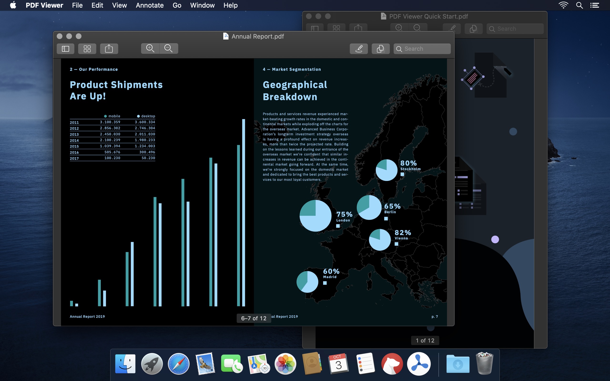 Screenshot of two documents open in PDF Viewer for Mac with the dark appearance and dark pages.