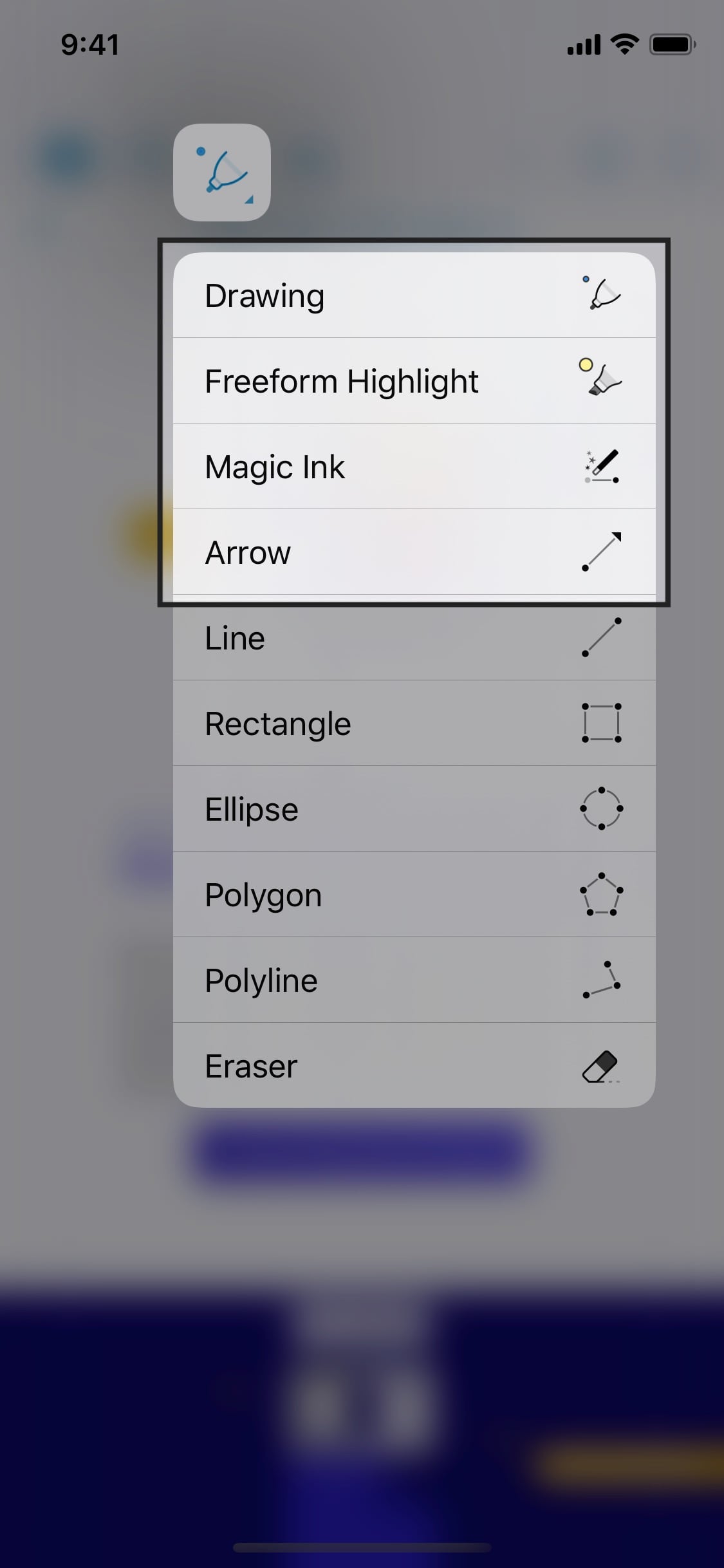 Menu including the items Drawing, Freeform Highlight, Magic Ink, and Arrow.