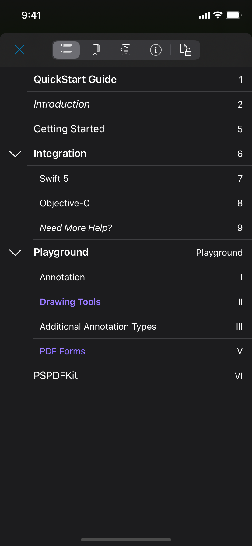 A document’s table of contents showing light purple text on a dark background. It is legible.