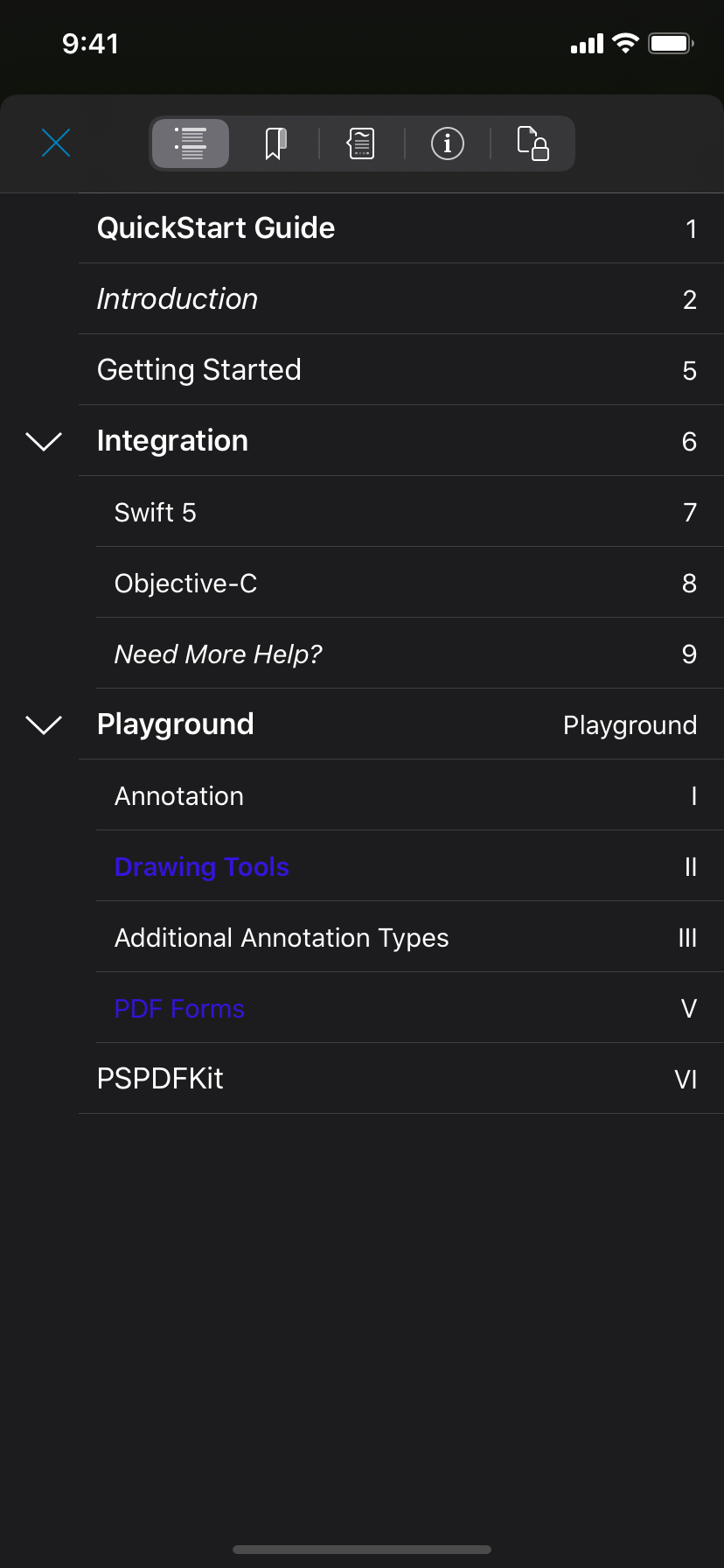 A document’s table of contents showing dark purple text on a dark background. It is hard to read.