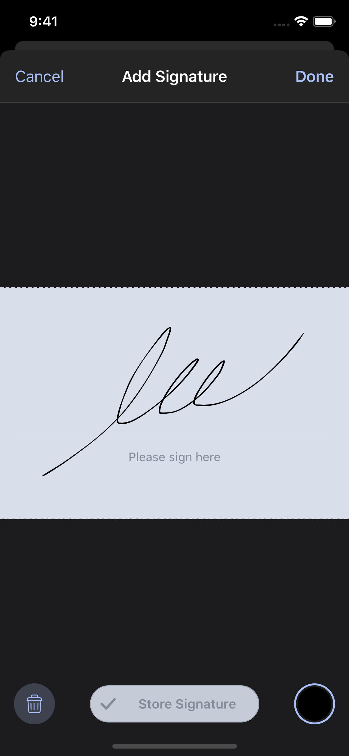 New signing popup in Dark Mode uses a blue tint to dim the signing area.