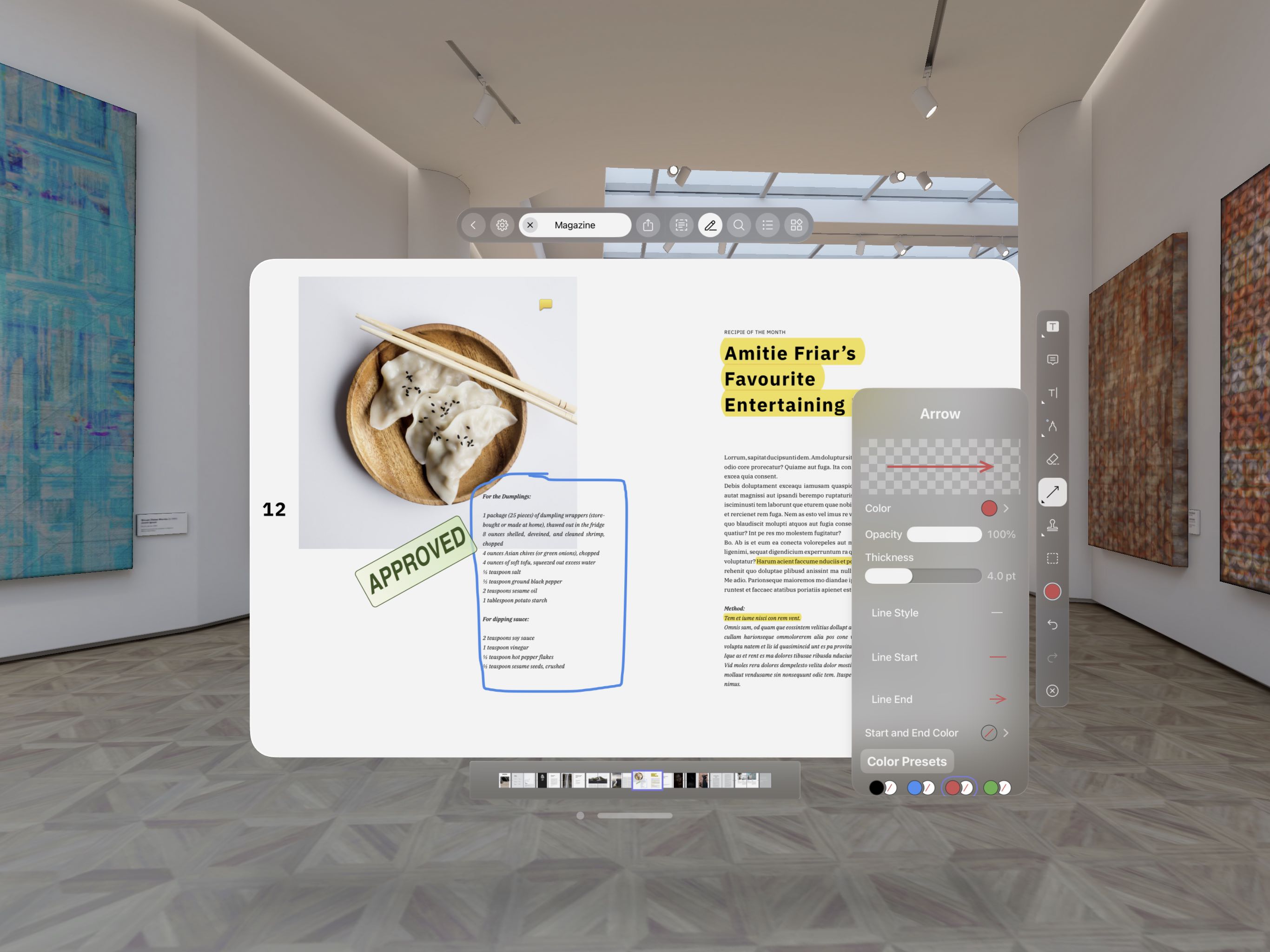 Screenshot showing a double-page spread with an approved stamp on a dumplings recipe, some highlighted text, and the appearance properties for an arrow.