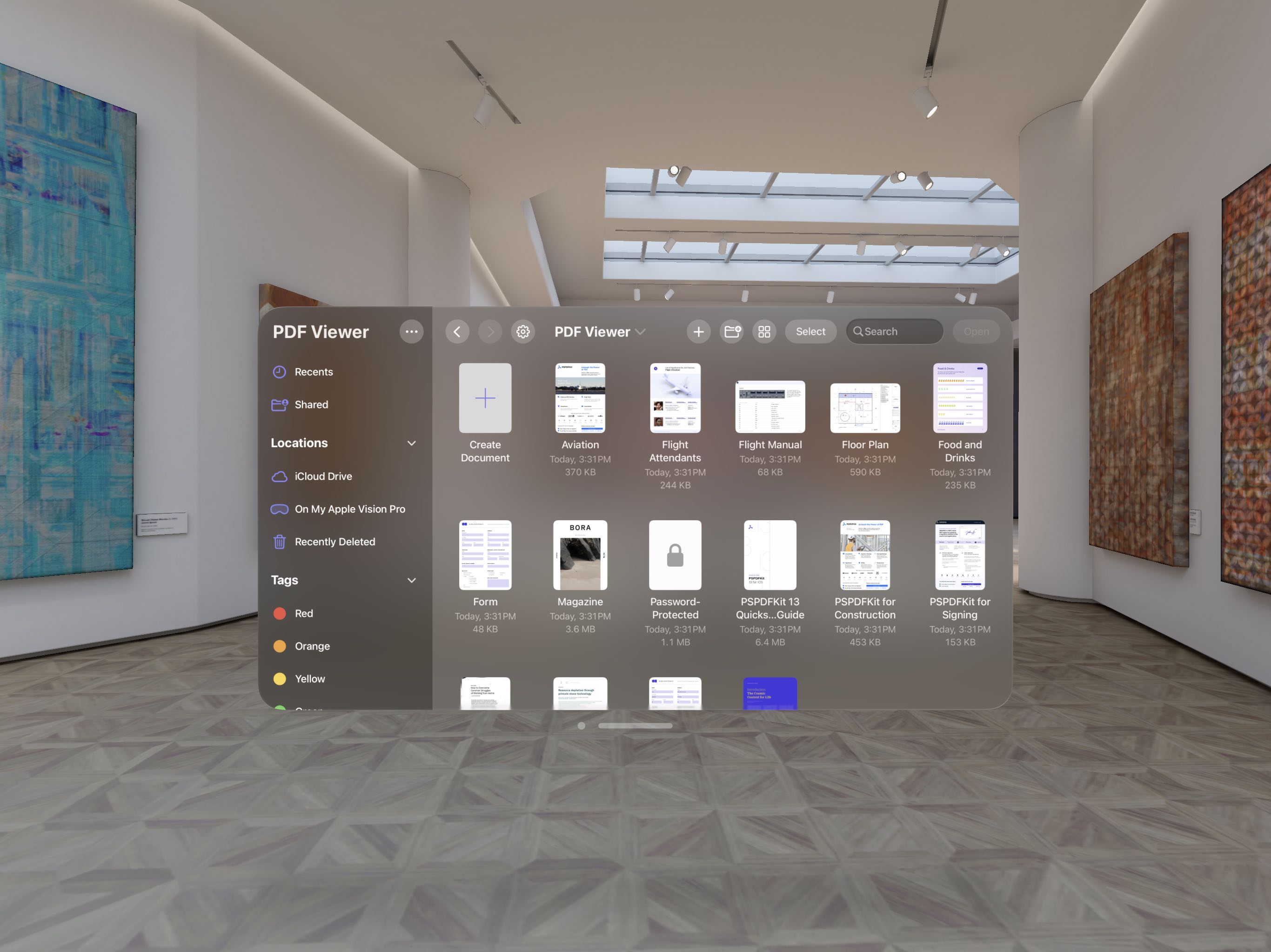 Screenshot showing PDF documents in the system document browser on Apple Vision Pro.