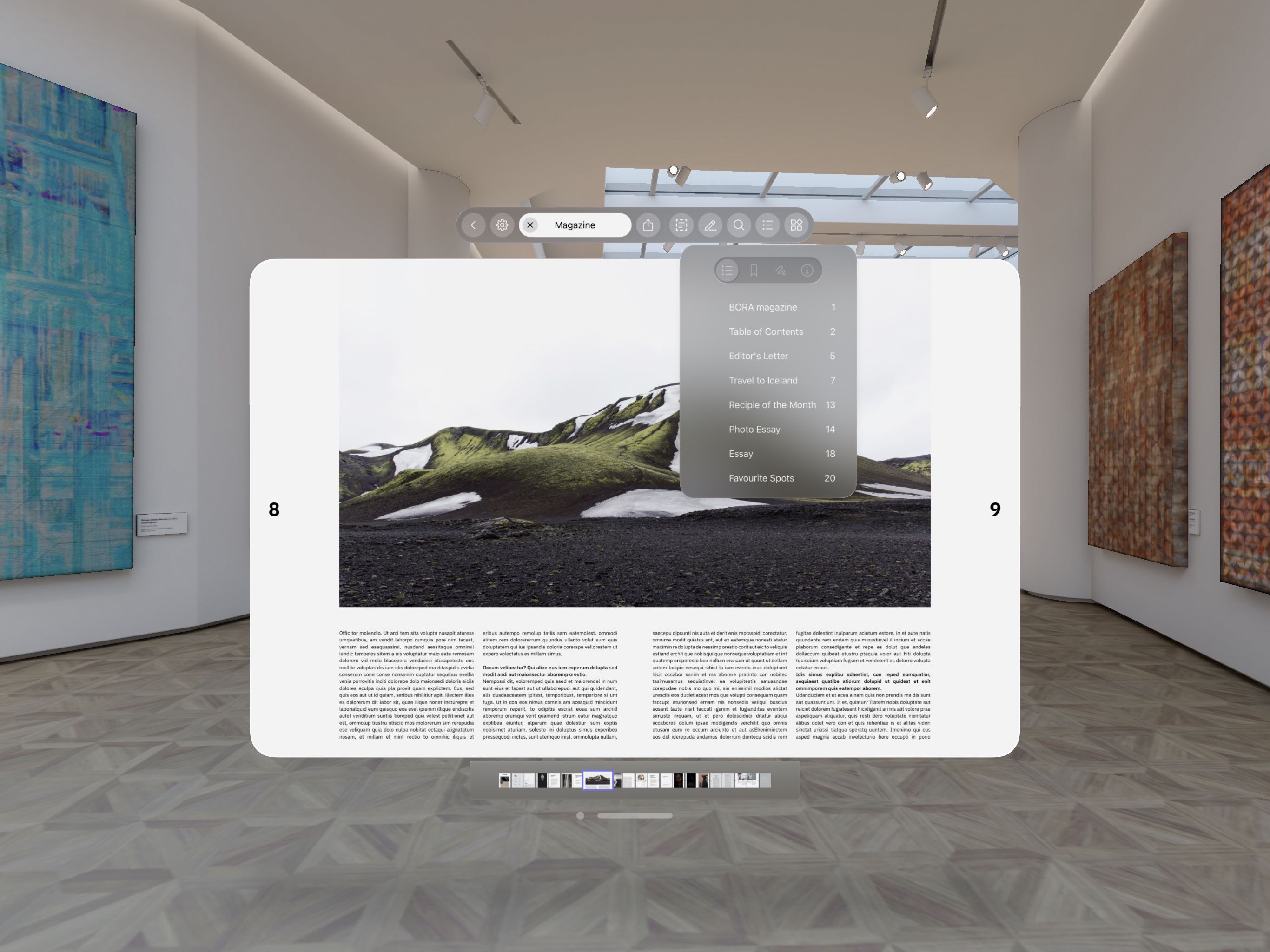 Screenshot showing a double-page spread from a magazine, with a landscape photo and a document outline on top.